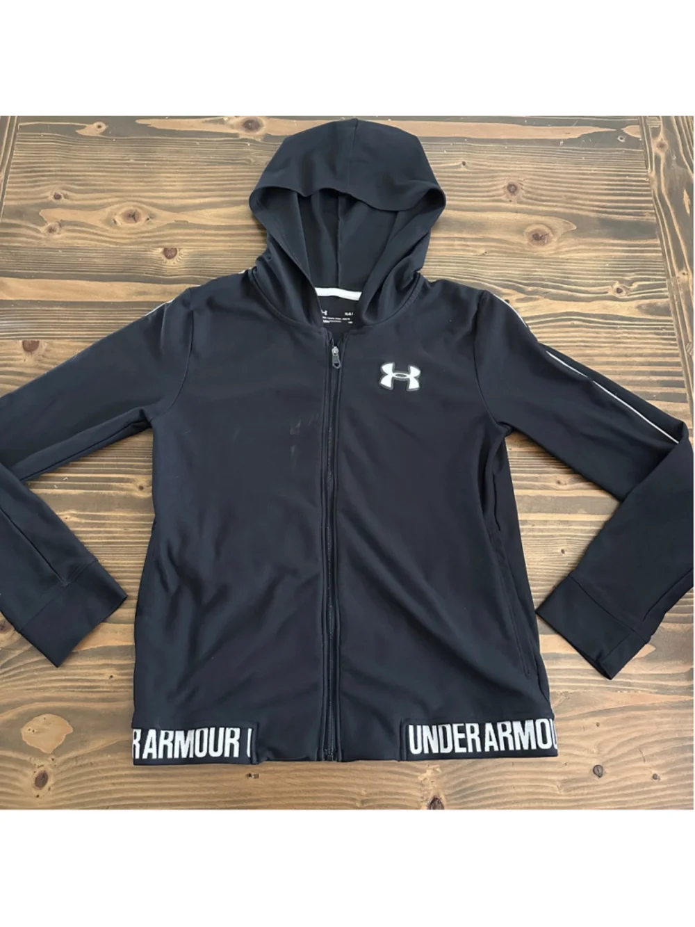 Boys Under Armour Zip Up Hoodie YLG Black White HeatGear Lightweight Jacket